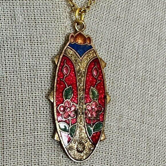 Vintage Cloisonné Enamel Ladybug Pendant Necklace - Picture 4 of 11
